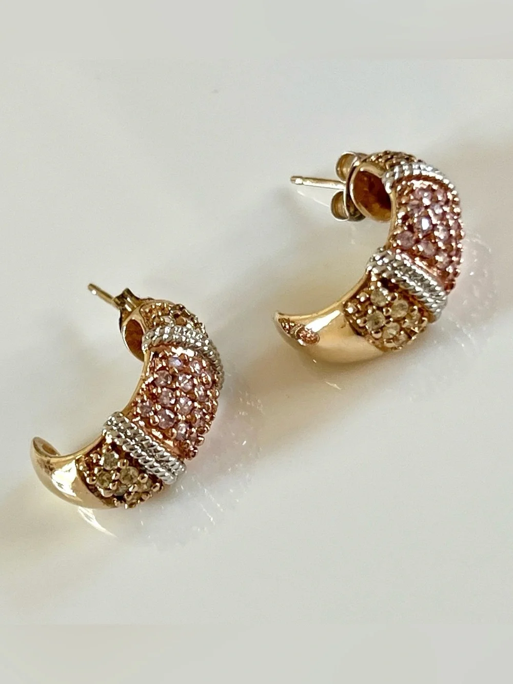 Ross Simons 925 Vermeil CZ Rose Pink Champagne Pavé Ring/Hoop Earrings Set sz 7